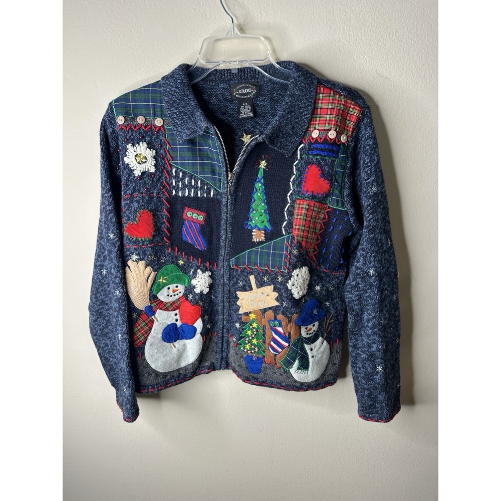 Vintage Studio Originals Christmas Sweater P/S Snowman Patchwork Zip Cardigan